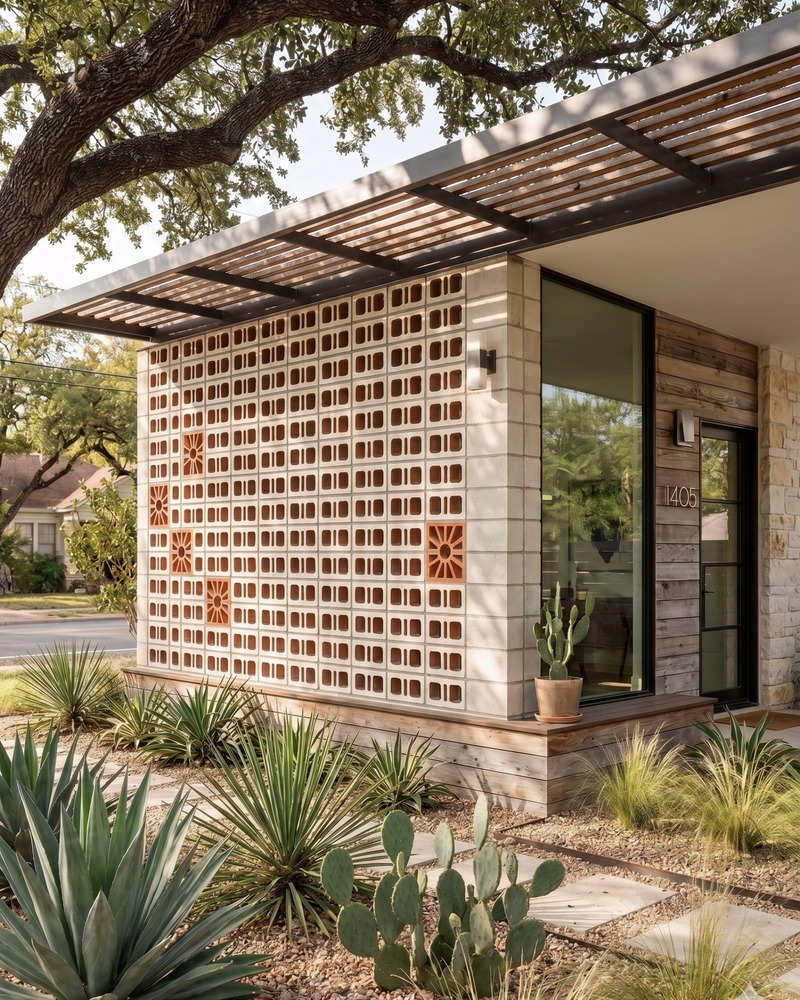 Tupelo Blanco glazed breeze block by Clay Imports Breeze Blocks with a Ventana pattern, featuring rectangular openings and sunburst tiles.