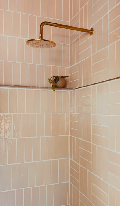 A close-up of a shower corner with blush pink rectangular wall tiles and a brass shower head mounted on a curved brass arm. A small matching brass shelf hook or soap holder is attached to the wall.