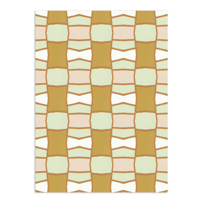 Geometric patterned wallpaper by Clay Imports with muted blocks of white, light green, light pink, and mustard yellow, outlined in brown.