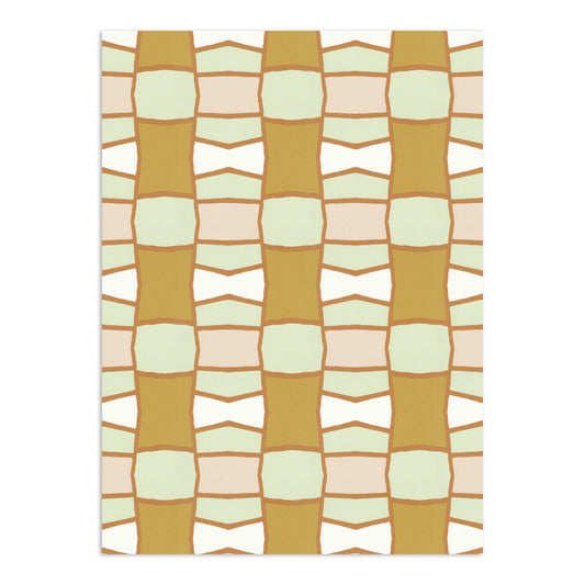 Geometric patterned wallpaper by Clay Imports with muted blocks of white, light green, light pink, and mustard yellow, outlined in brown.