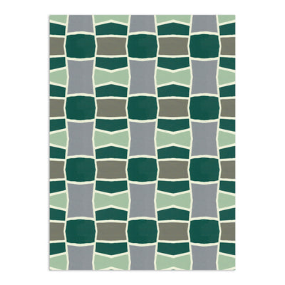 Wallpaper with a geometric pattern in varying shades of green and gray by Clay Imports, separated by light cream lines.