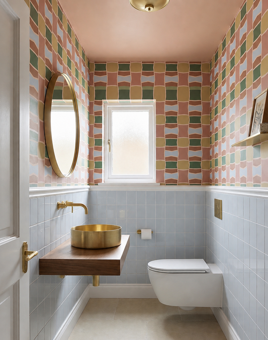 Glossy light blue solid tile by Clay Imports covering the lower walls of a modern bathroom.