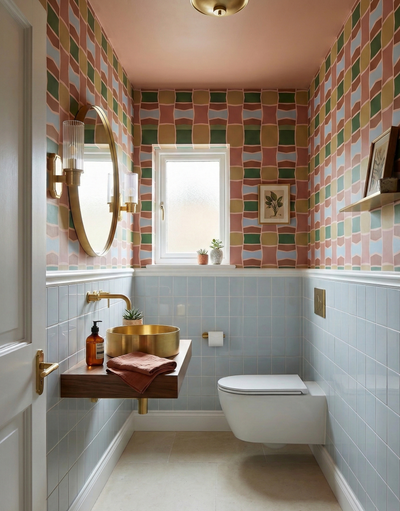 Glossy light blue solid tile by Clay Imports covering the lower walls of a modern bathroom.