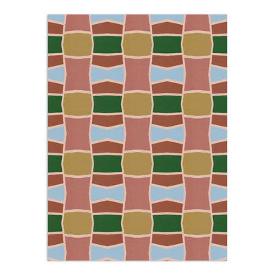 Abstract geometric wallpaper by Clay Imports, featuring a repeating pattern of pink, brown, green, and blue blocks with light beige outlines.