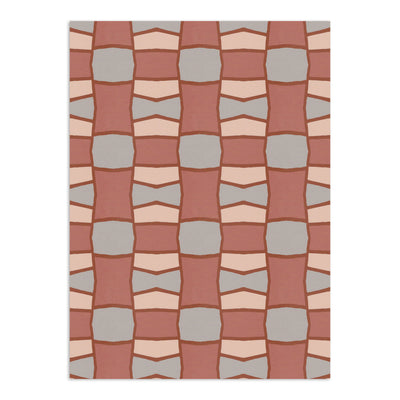 Wallpaper by Clay Imports with a geometric pattern of terracotta, peach, and grey blocks outlined by dark brown lines.