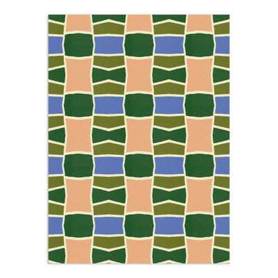 Multi-colored geometric wallpaper by Clay Imports in shades of peach, green, and blue, showcasing an interlocking abstract pattern with a textured finish.