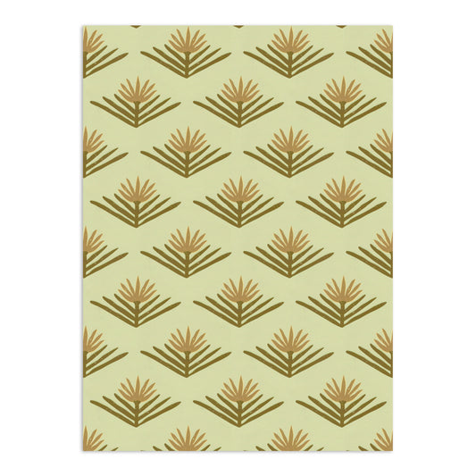 Green and brown patterned wallpaper by Clay Imports featuring a repeating abstract lotus flower design.