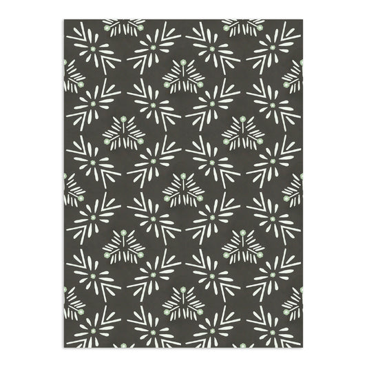 Dark gray wallpaper by Clay Imports with a repeating pattern of stylized white flowers and mint green centers.