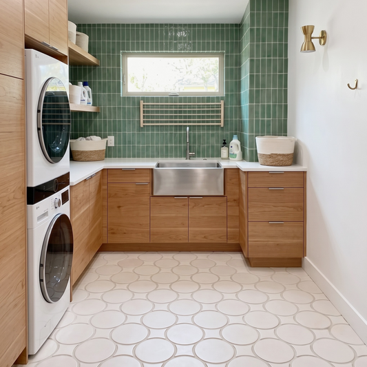 A modern laundry room corner with light oak wood cabinets, a green tiled backsplash, a stainless steel farmhouse sink, a stacked washer and dryer on the left, and white patterned floor tiles.