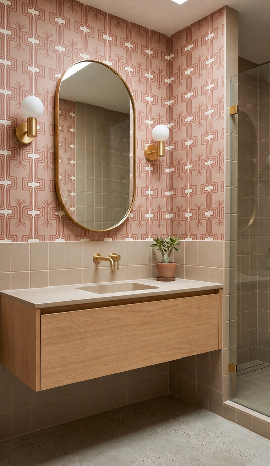 Matte beige solid tile by Clay Imports as bathroom wainscoting below patterned wallpaper.
