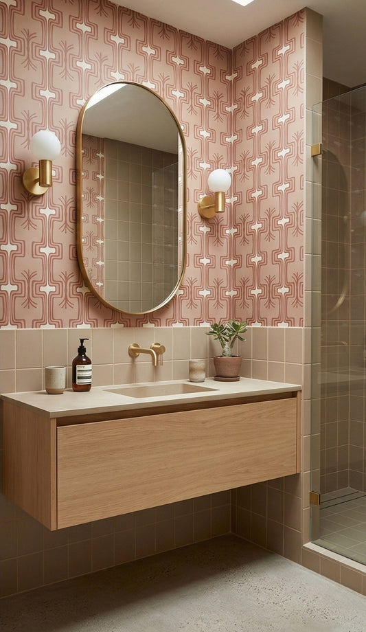 Palo Santo Matte square solid tiles by Clay Imports lining a modern bathroom's lower walls and shower.