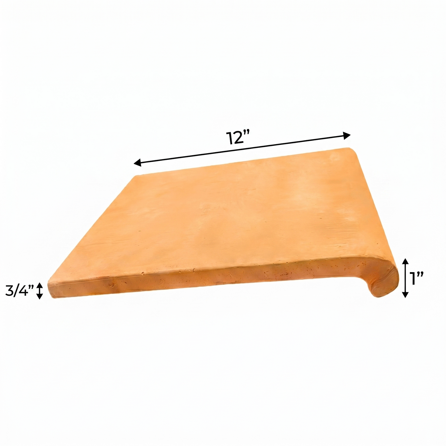 Organic terracotta coping by Clay Imports, 12 inches long, 3/4 inch thick, with a 1-inch bullnose drop.