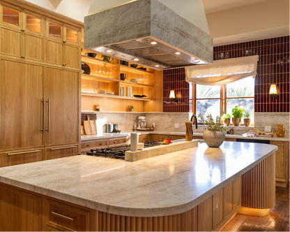 Oxblood red 2x8 clay tiles from Clay Imports, installed vertically as a glossy kitchen backsplash.