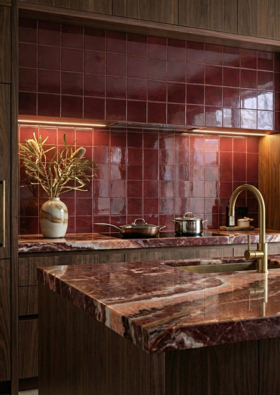 Oxblood 6x6 clay tiles by Clay Imports, glossy finish, installed as a kitchen backsplash above a marbled countertop.
