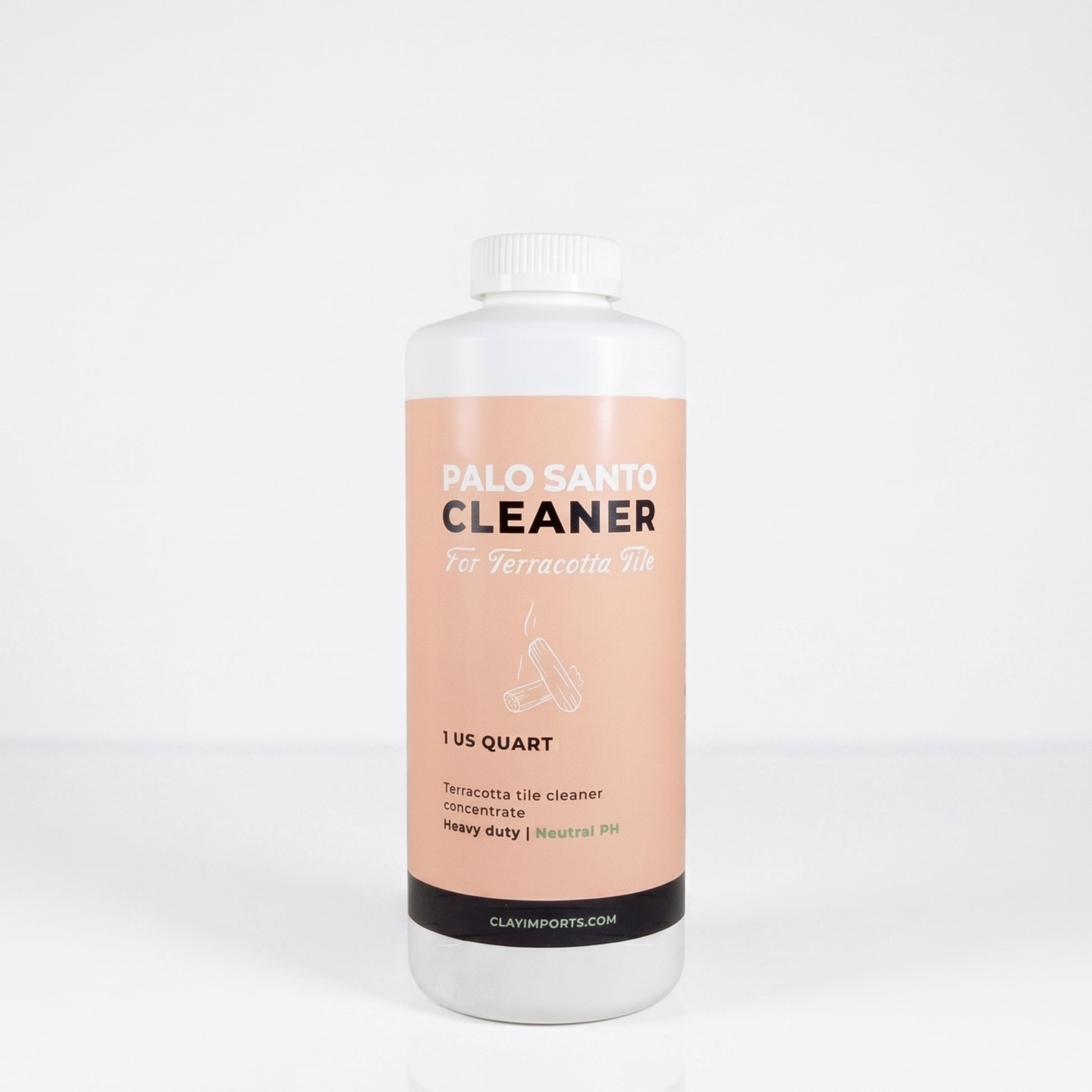 White bottle of Palo Santo Cleaner Concentrate by Clay Imports, with a peach label, terracotta tile text, and palo santo graphic.
