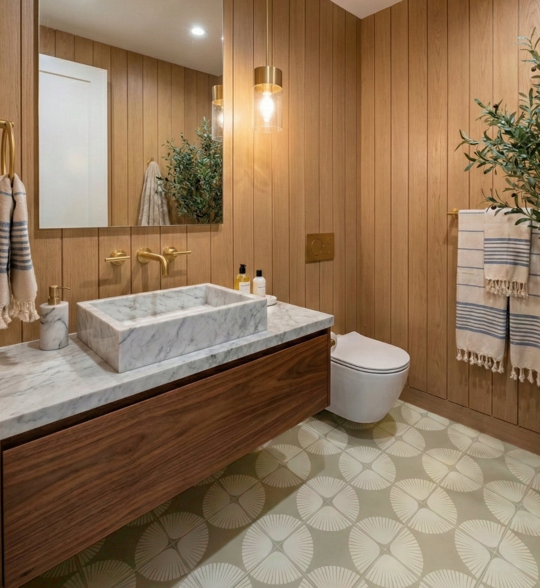 Light sage and cream Petal Peyote Moon Pattern Tile by Clay Imports, featuring a circular geometric design, installed on a bathroom floor.