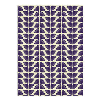 Cream and purple patterned wallpaper by Clay Imports featuring a repeating geometric fan-like design with a block print texture.