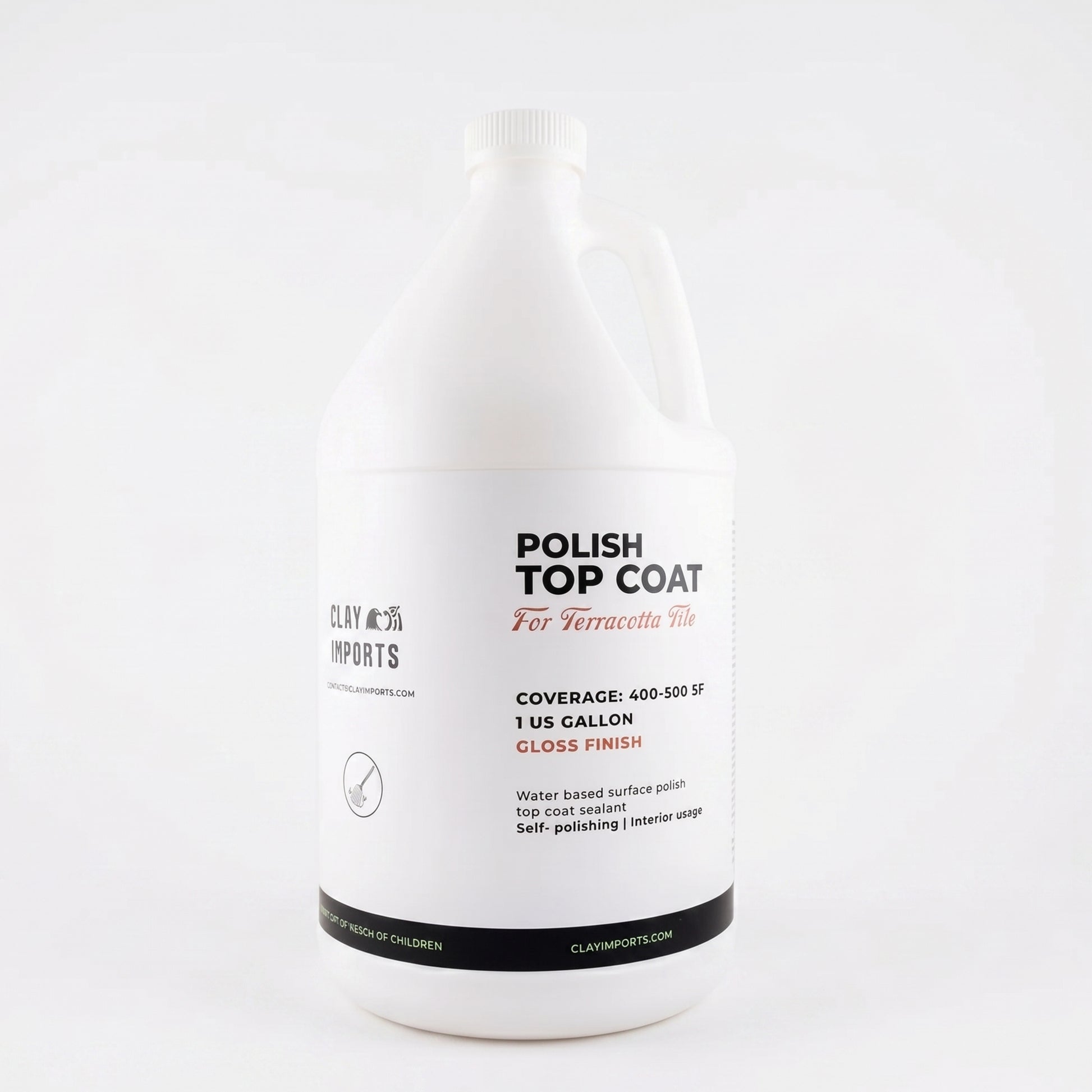 Gloss finish Polish Top Coat Sealer by Clay Imports in a white gallon jug, with a black label showing 'For Terracotta Tile'.