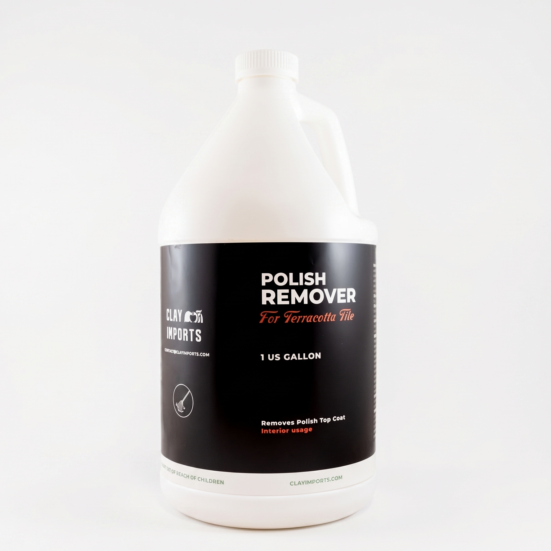White 1 US gallon Polish Top Coat Remover jug by Clay Imports with a black label, white and orange text, and a handle.