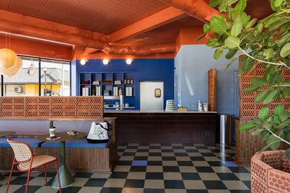 A vibrant cafe interior with a bold blue and black checkered floor, a rustic wood counter, a bright blue accent wall, and warm orange ceiling panels. A large potted green plant is visible in the foreground on the right.