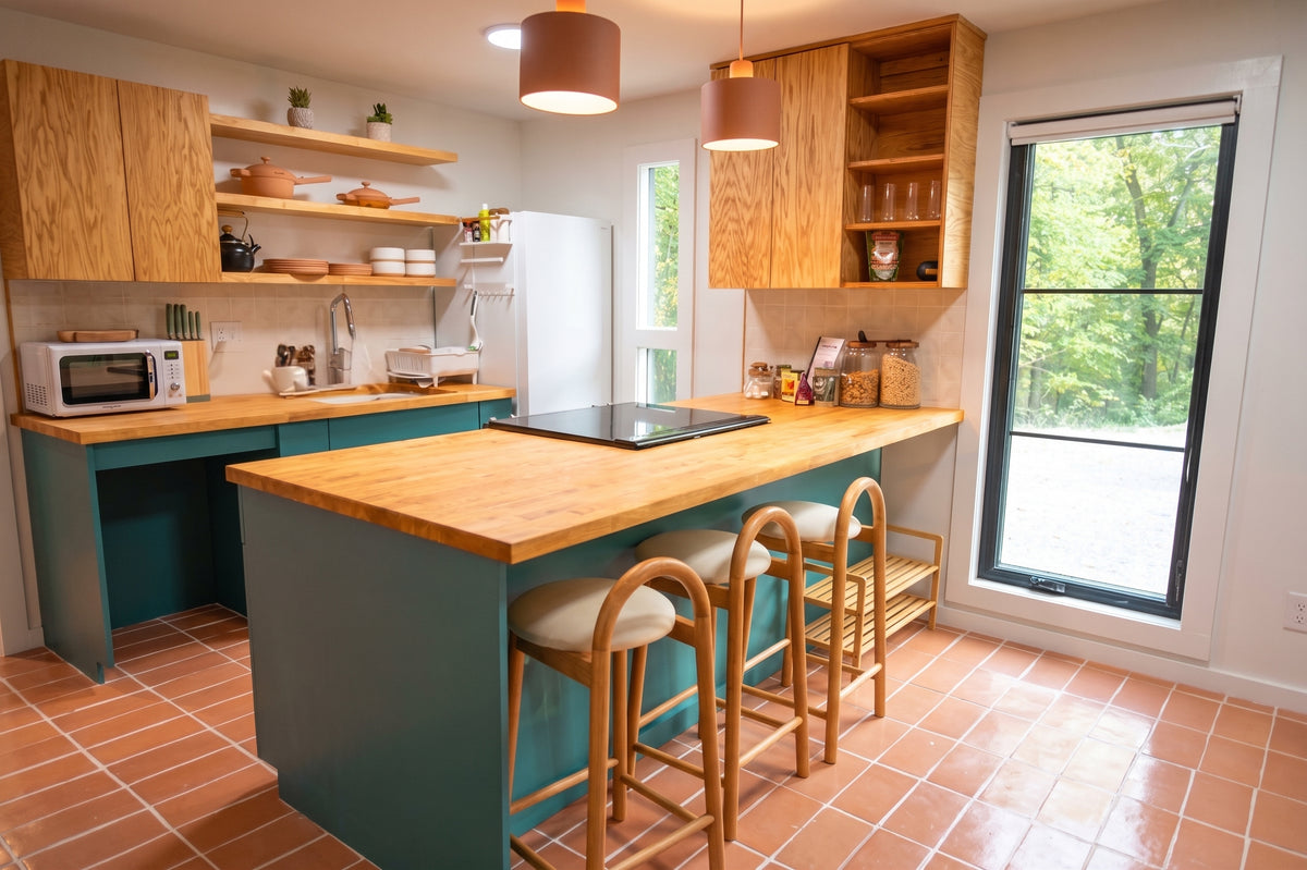 A modern kitchen island with a light wood countertop and teal-blue base, paired with three wooden bar stools. The kitchen features matching wood cabinets, open shelves with dishes, a black induction cooktop, terracotta tile floors, and large windows looking out to green trees.