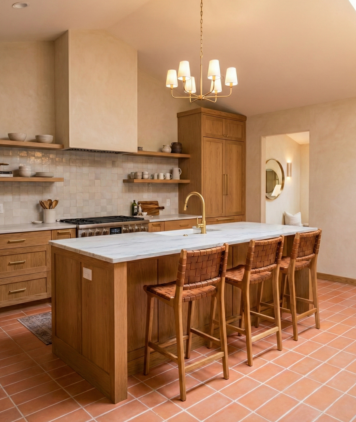 Red 6x11 terracotta tile by Clay Imports, laid in a grid pattern with white grout on a kitchen floor.