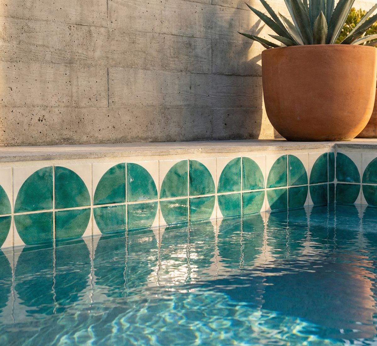Jade Quarter Circle pool waterline pattern tile by Clay Imports, featuring green circles reflecting in blue water.