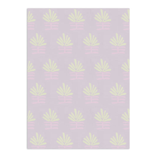 Textured lavender wallpaper by Clay Imports with a repeating pattern of abstract yellow-green fan shapes and pink bases.