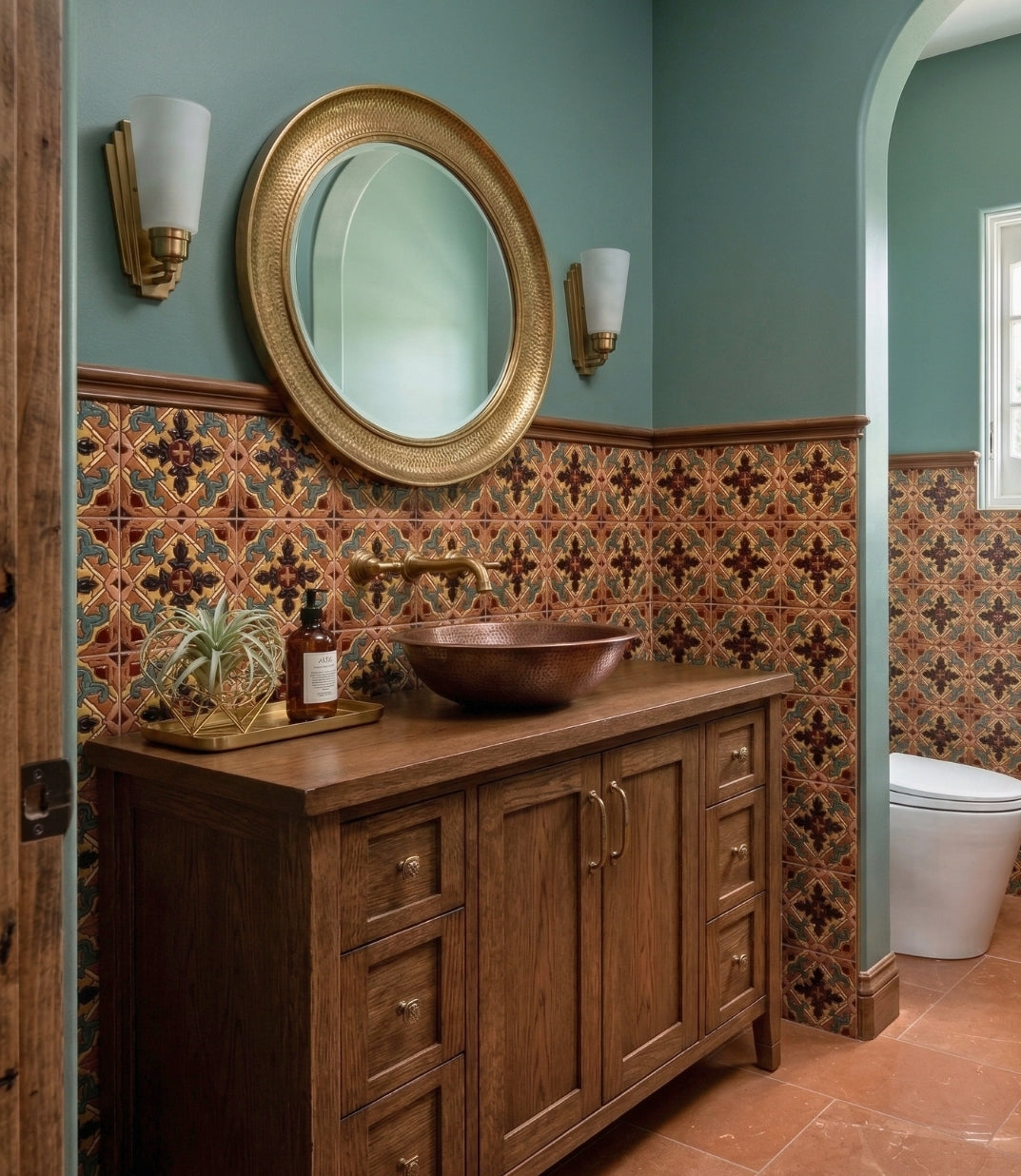 Square patterned Relief Talavera tile by Clay Imports with warm, earthy colors in a bathroom wainscoting.