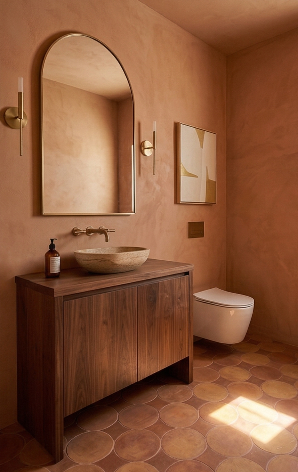 Circular antique satin terracotta floor tiles by Clay Imports in varied earthy tones, on a bathroom floor with warm sunlight.