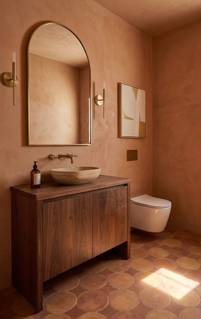 Circular antique satin terracotta floor tiles by Clay Imports in varied earthy tones, on a bathroom floor with warm sunlight.