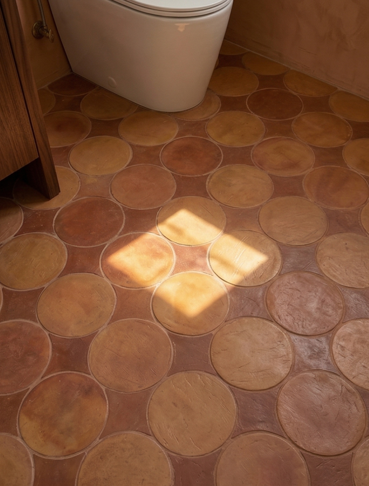 Terracotta circular floor tiles by Clay Imports in varied earthy tones with a rustic finish, reflecting natural sunlight.