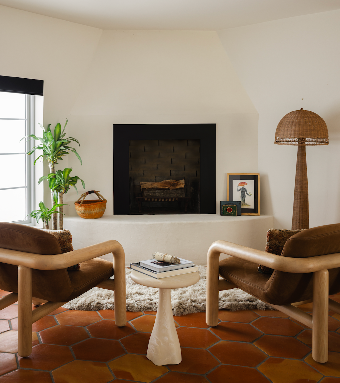 Reddish-brown hexagon smooth gloss terracotta tiles by Clay Imports on a living room floor.