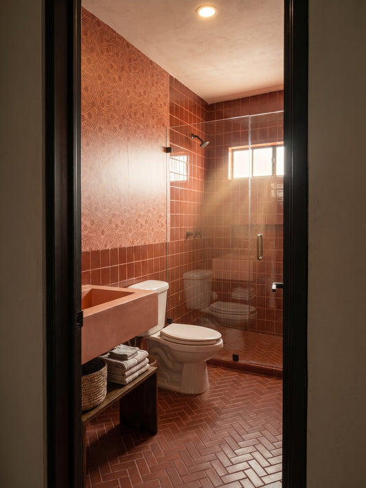 A modern bathroom interior with terracotta tiled walls and floor, a white toilet, a matching terracotta vessel sink on a floating shelf, and a glass shower enclosure.
