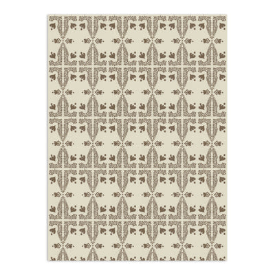 Beige wallpaper by Clay Imports featuring a repeating brown botanical folk art pattern with leaves and hearts.