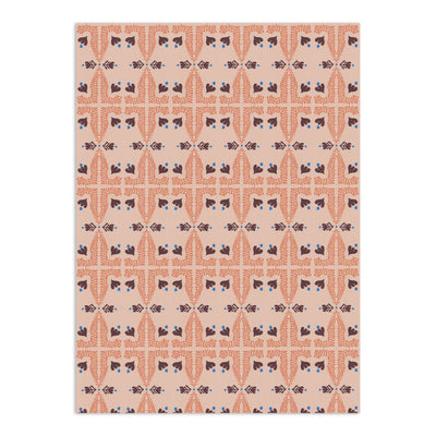 Light beige wallpaper by Clay Imports with an earthy terracotta and brown repeating floral pattern, accented with blue dots.