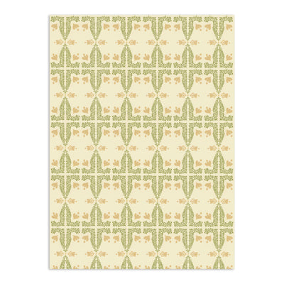 Light yellow wallpaper with green and tan botanical pattern by Clay Imports, featuring repeating stylized fern branches and bell-shaped flowers.