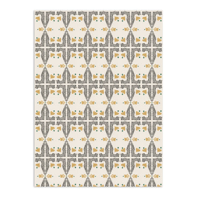 Folk art style wallpaper by Clay Imports, with a repeating botanical pattern of yellow flowers, dark leaves, and green dots on an off-white background.
