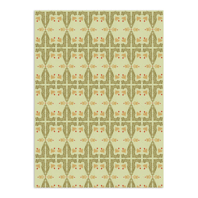 Spring wallpaper by Clay Imports with a folk botanical pattern in olive green, tan, and red on a light green background.