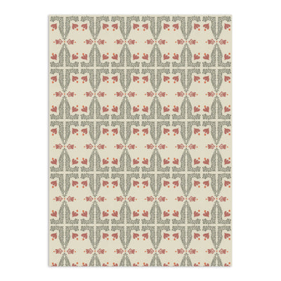 Spring Wallpaper by Clay Imports, featuring a repeating botanical pattern with grey-green leaves and red-orange flowers on a cream background.