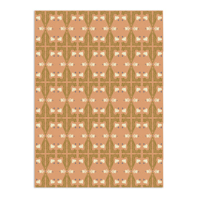 Salmon-colored wallpaper by Clay Imports with a repeating folk art pattern featuring olive green leaves, cream flowers, and blue accents.