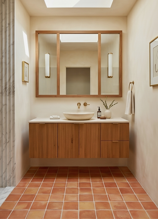 Smooth Satin 6x6 terracotta tiles by Clay Imports covering a bathroom floor with light grout lines.