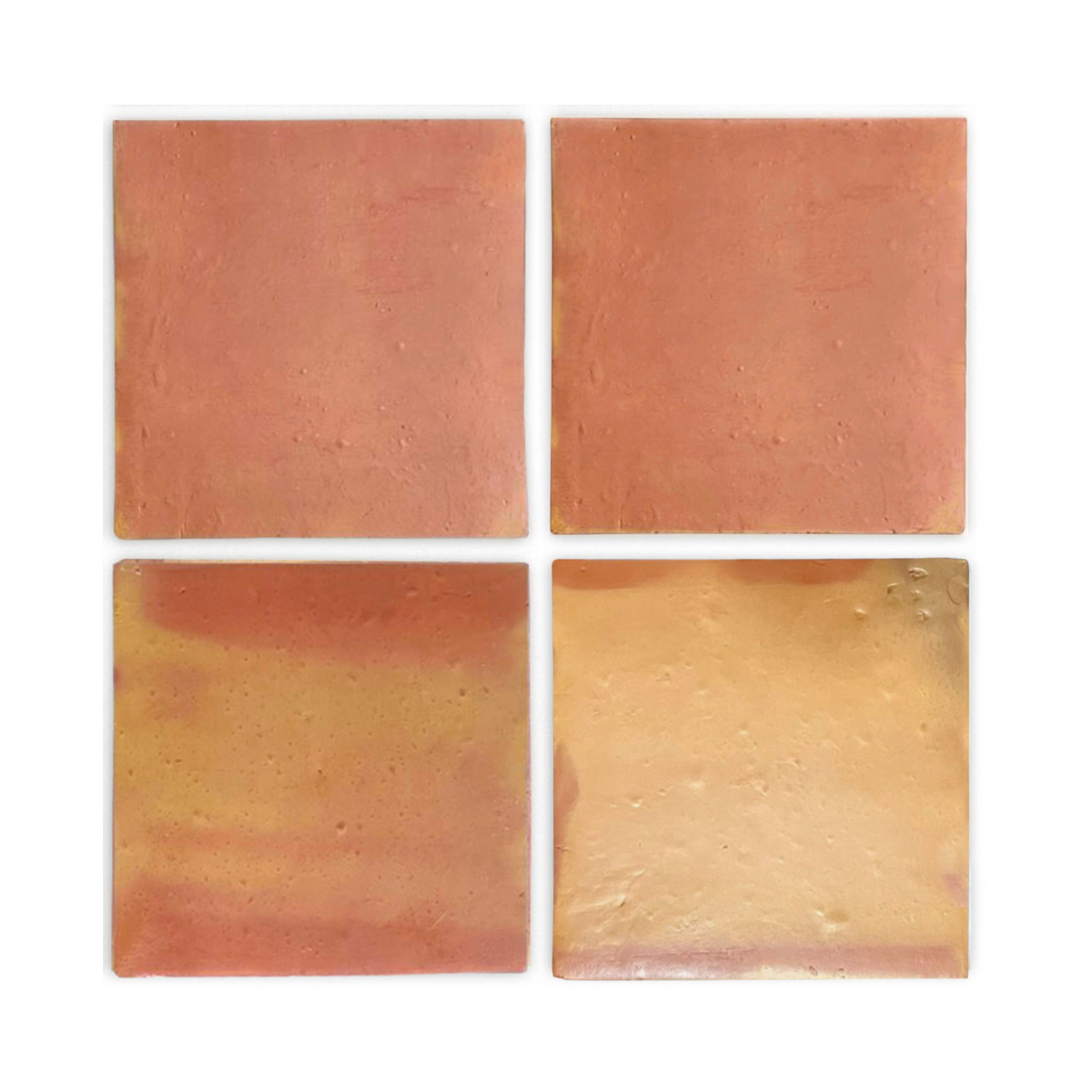 Smooth satin terracotta tiles by Clay Imports, arranged in a 2x2 grid, displaying varied reddish-orange and golden tones.