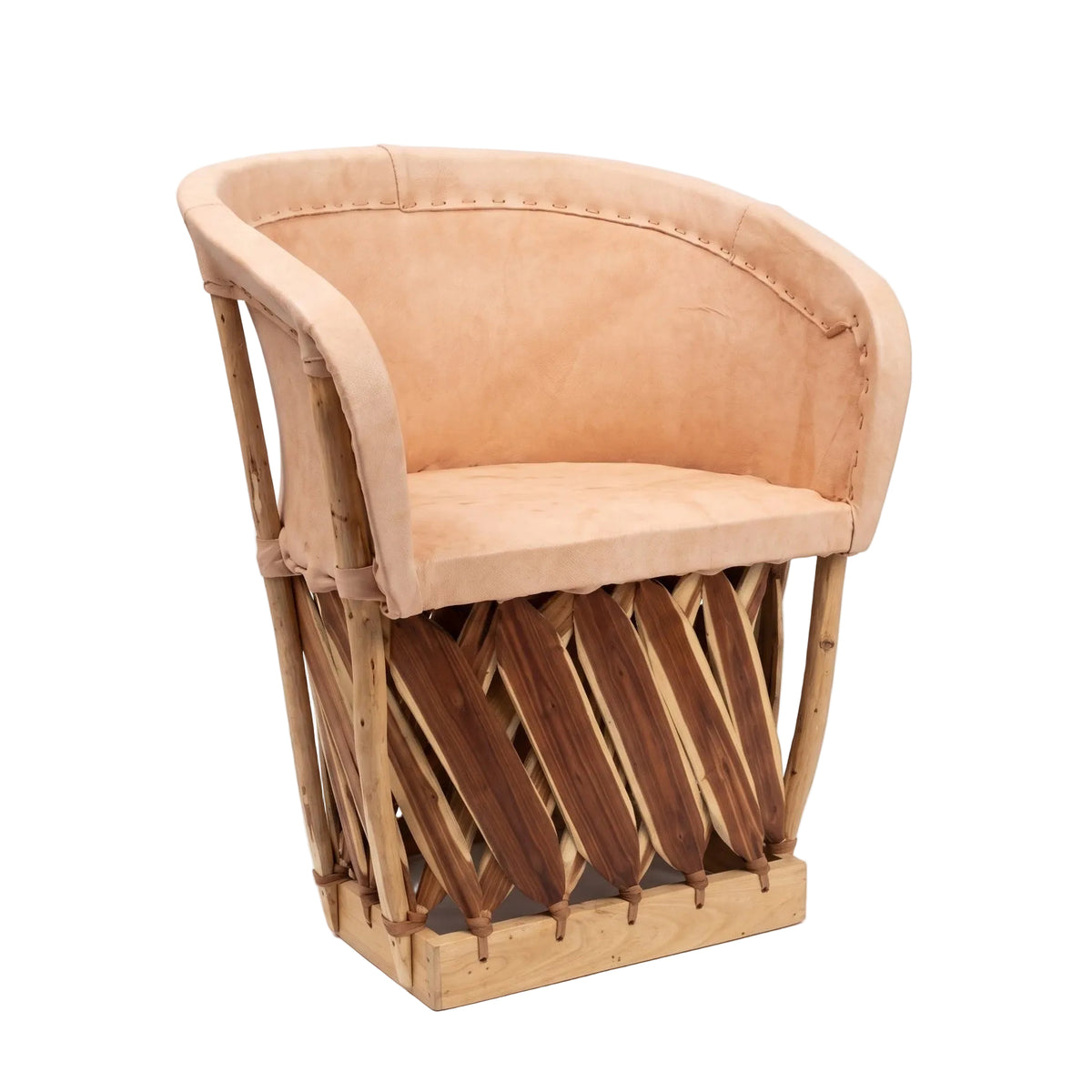 A rustic wooden equipale armchair features a rounded backrest and seat upholstered in smooth tan leather.