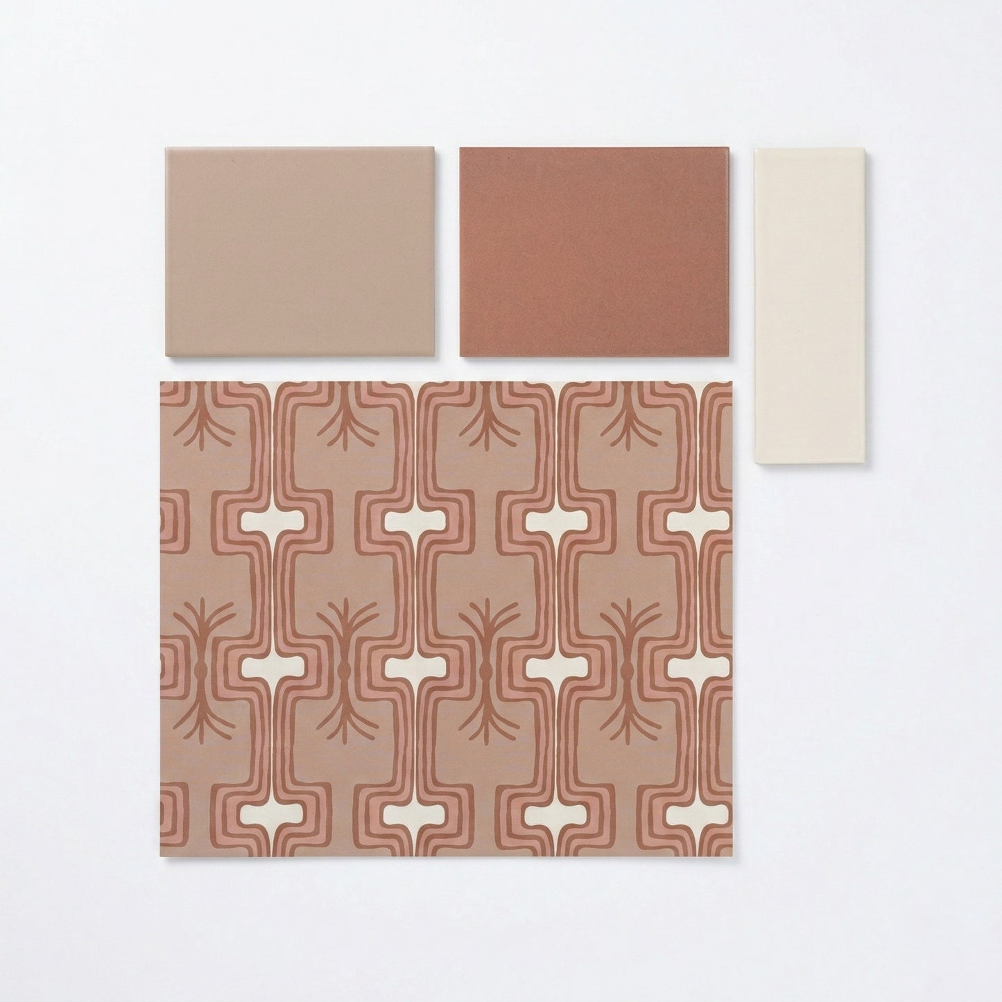 Sunwashed Clay terracotta square tile sample by Clay Imports, presented with coordinating beige, cream, and patterned swatches.