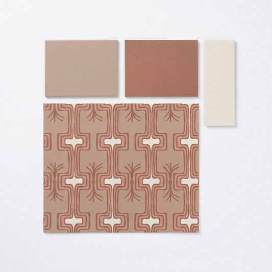 Sunwashed Clay terracotta square tile sample by Clay Imports, presented with coordinating beige, cream, and patterned swatches.