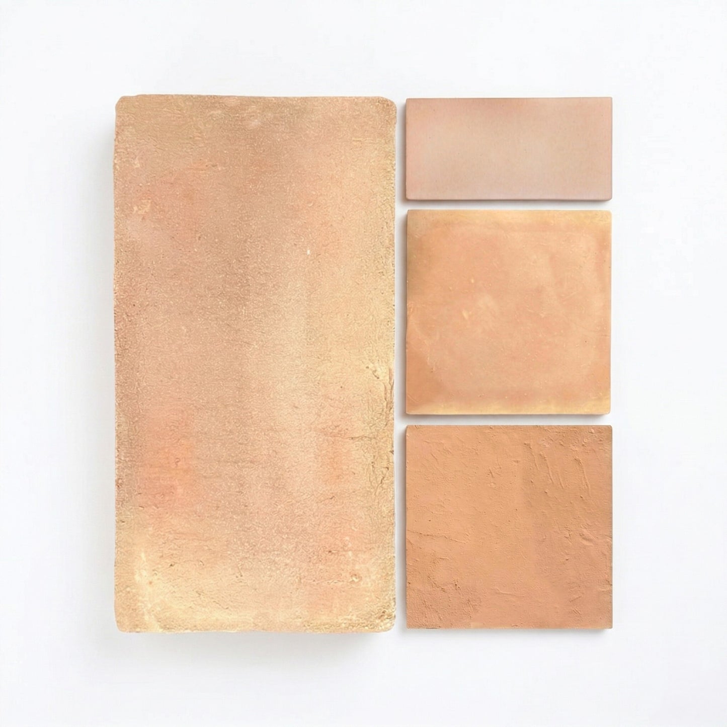 Earthen Blush samples by Clay Imports, featuring four variously textured terracotta-hued tiles on a white surface.