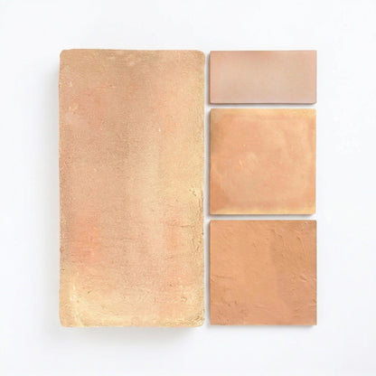 Earthen Blush samples by Clay Imports, featuring four variously textured terracotta-hued tiles on a white surface.