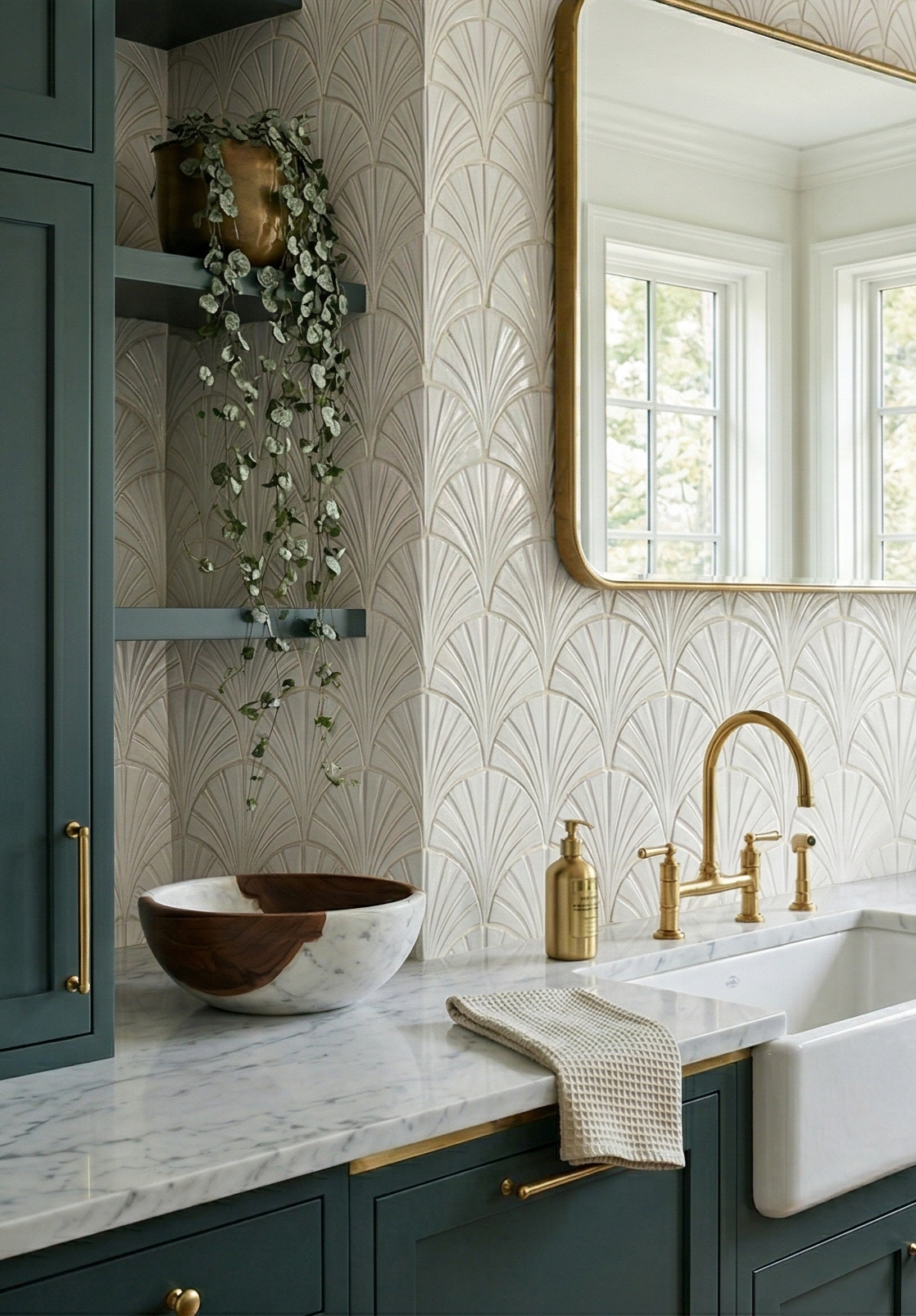 Perla Gloss Glazed Terracotta tile by Clay Imports featuring a Tide fan pattern on a kitchen backsplash.