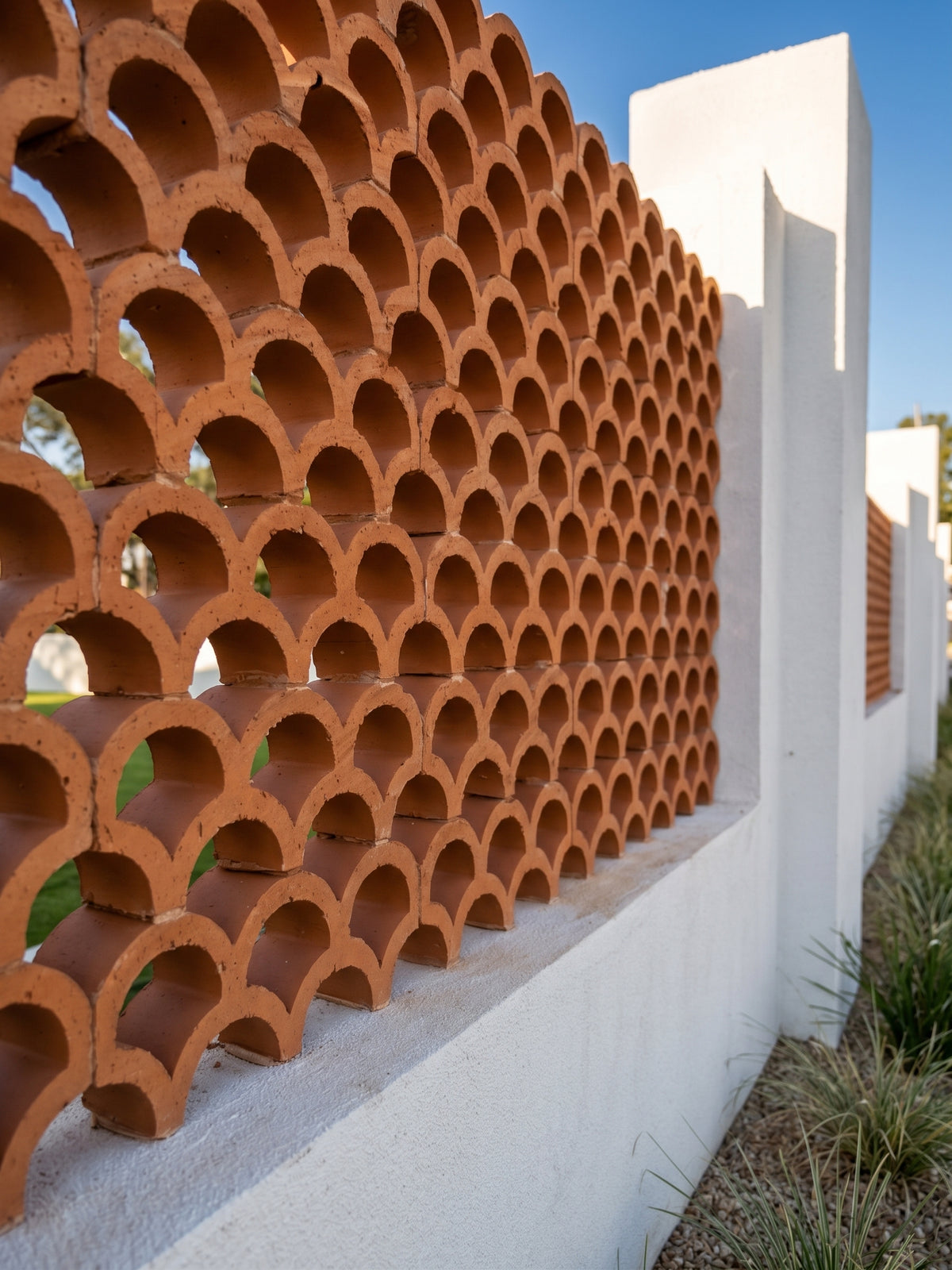 Terracotta clay tile wall panels arranged in a repeating scalloped arch pattern, mounted on a white stucco wall outdoors with blue sky and small plants visible.